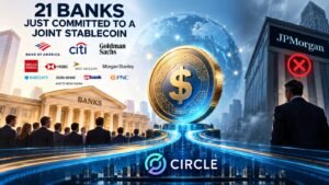 21 banks just committed to a joint stablecoin. JPMorgan has not.